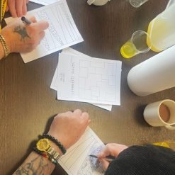 Two people drawing patterns on 'Square Zentangles' worksheets at a table with drinks and art supplies.