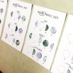 Illustrated 'Moon Phases 2025' calendar pages for April to September with watercolor-style lunar designs.