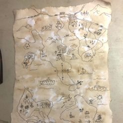 Hand-drawn treasure map on aged paper with whimsical landmarks like mountains, boats, and compass rose.