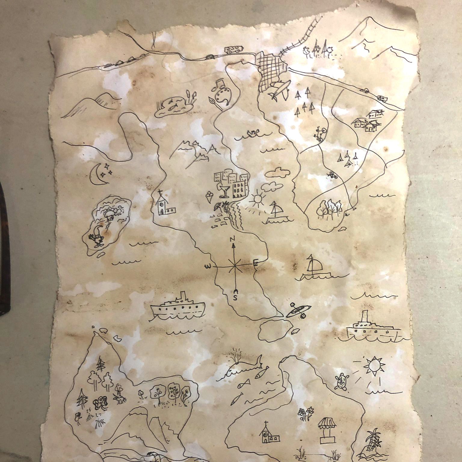 Hand-drawn treasure map on aged paper with whimsical landmarks like mountains, boats, and compass rose.