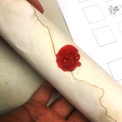 Hand holding rolled parchment sealed with red wax, with a worksheet of empty squares in the background.